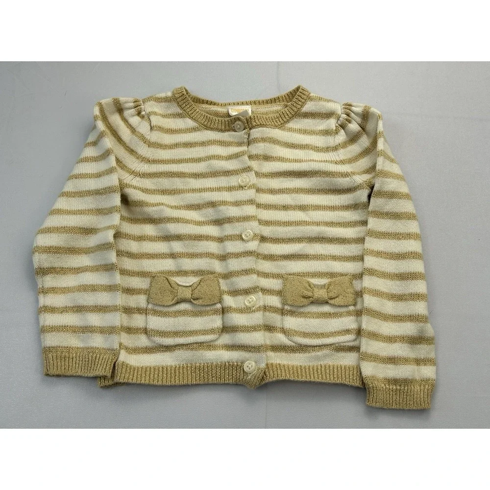 Gymboree Girls 2T Gold Metallic Stripe Bow Pocket Cardigan Sweater Cotton 2015